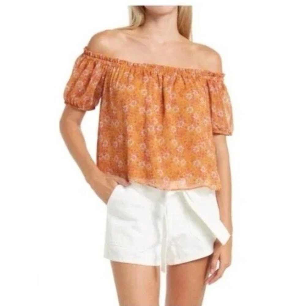 WAYF Womens Top Blouse M Orange Floral Off Shoulder Cropped Short Sleeve